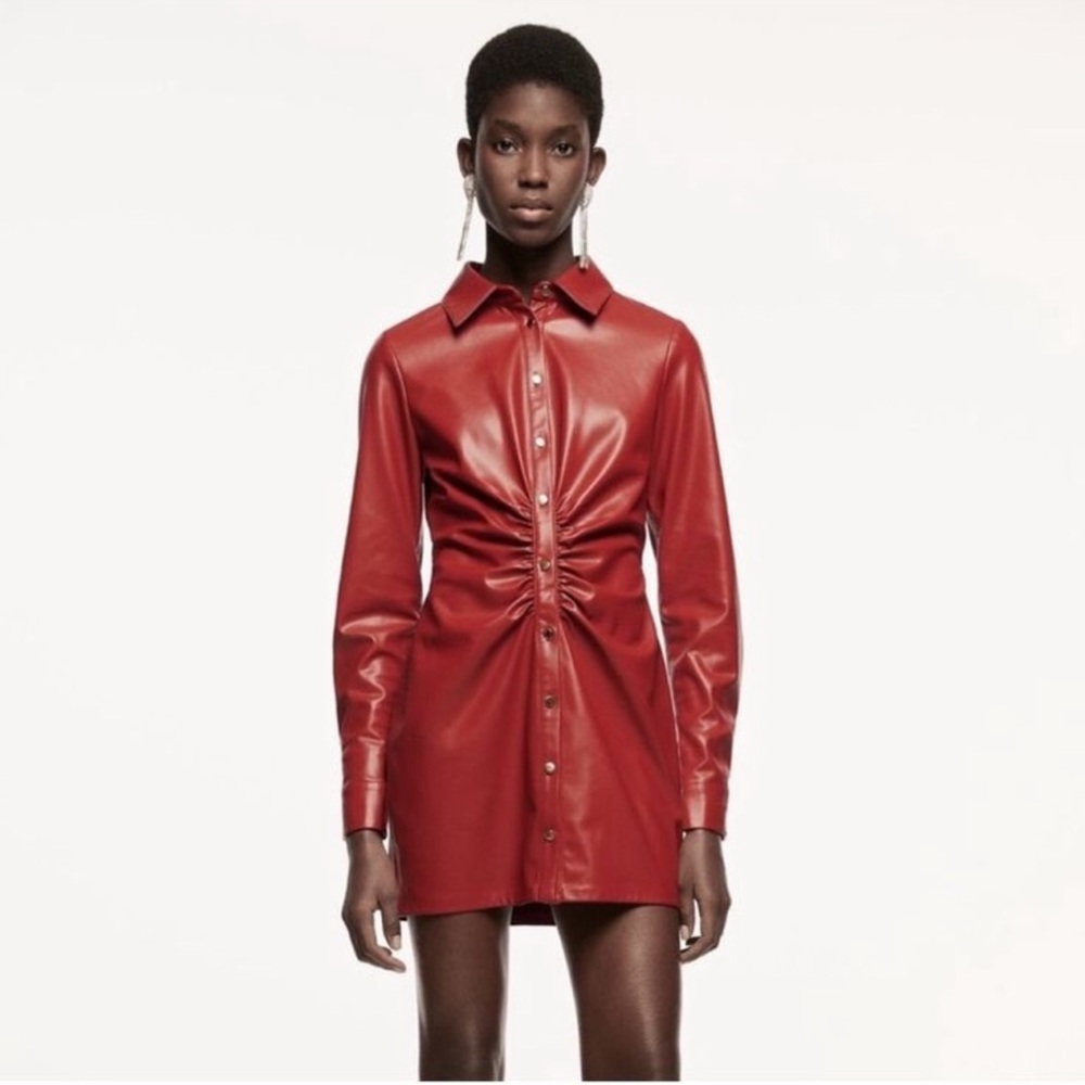 Zara Red Leather Shirt Dress or Jacket - Preloved - Picture 2 of 7